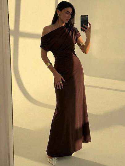 Aloruh Women's Solid Color Ruched Asymmetric Shoulder Fitted Elegant Dress