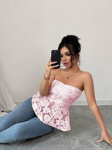 Rafferiza 优雅时尚无肩带束腰荷叶边下摆侧开衩隐形拉链网纱刺绣杏色女式衬衫，春夏荷叶边上衣，女士无肩带衬衫，蕾丝抹胸无肩带上衣，女士束身衣，女士上衣，女士精美上衣，女士无肩带上衣 - 粉色 - 查看 3