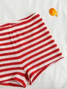 Elamini 两件套女士红色条纹针织提花面料露背吊带短款上衣和低腰短裤，适合春夏穿着，可用于度假、海滩、波西米亚风、可爱风，百搭，适合外出、约会、日常穿着。 - 紅色 - 查看 6