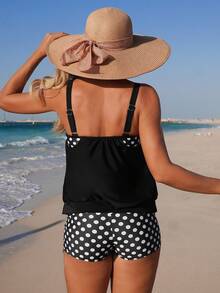 Swim Lushoire Women Printed Ruched Front Thick Strap Tankini Two Pieces Swimsuit - Black and White - View 2