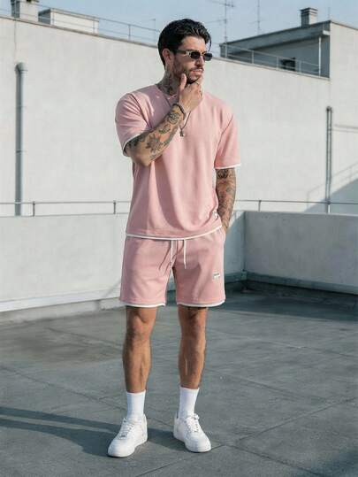 GENTILAND Men's Letter Print Crew Neck Short Sleeve Casual T-Shirt And Drawstring Waist Shorts Set Pink Short Sets Short Sets 2 Piece Men Set Men Short Sets Men Summer Sets Men Summer Sweatsuit Men Summer Outfits Apricot Men Outfit Men Two Piece Casual Short Sets Mens T-Shirt And Shorts Set