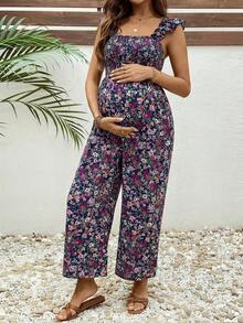 Boho Mama Maternity Ditsy Floral Ruffle Trim Jumpsuit, Summer Vacation - Multicolor - View 5