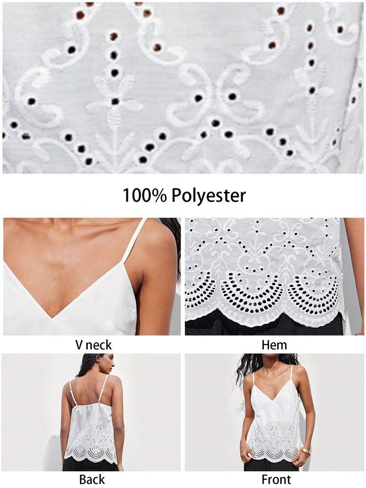 SHEIN Maija Women's Casual Solid Color Hollow Out Embroidery Camisole, Vacation Women, Spring/ Summer White Cami Top White Spaghetti Strap Top White Summer Top Summer Vacation