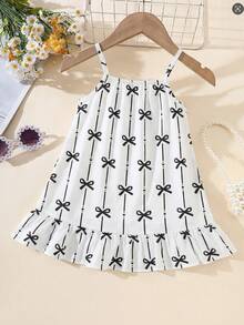 SHEIN Elladie kids Đầm maxi vải dệt nhiều màu sắc in kỹ thuật số, viền bèo nhún, dây đeo vai cho bé gái, thích hợp mặc hàng ngày vào mùa hè, đi chơi, du lịch, nghỉ mát và dự tiệc. - Đen và trắng - Xem 2