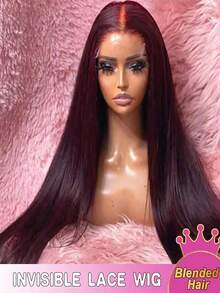 Straight Lace Front Wig, Human Hair Blend, 13x4 High-Definition Transparent Wine Red, No Glue Required, High-Temperature Silk Mixed With 30% Natural Hair Lace Wig, 200% Density, - SBUG - View 6