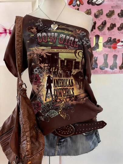 INAWLY Women's Casual Shoulder Off Graphic Tee, Summer New Arrival, Birthday Party, Outdoor Date Wear, Floral, Figure, Letter, Plant, Brown, Street Photography, Street Style, Women's T-Shirt