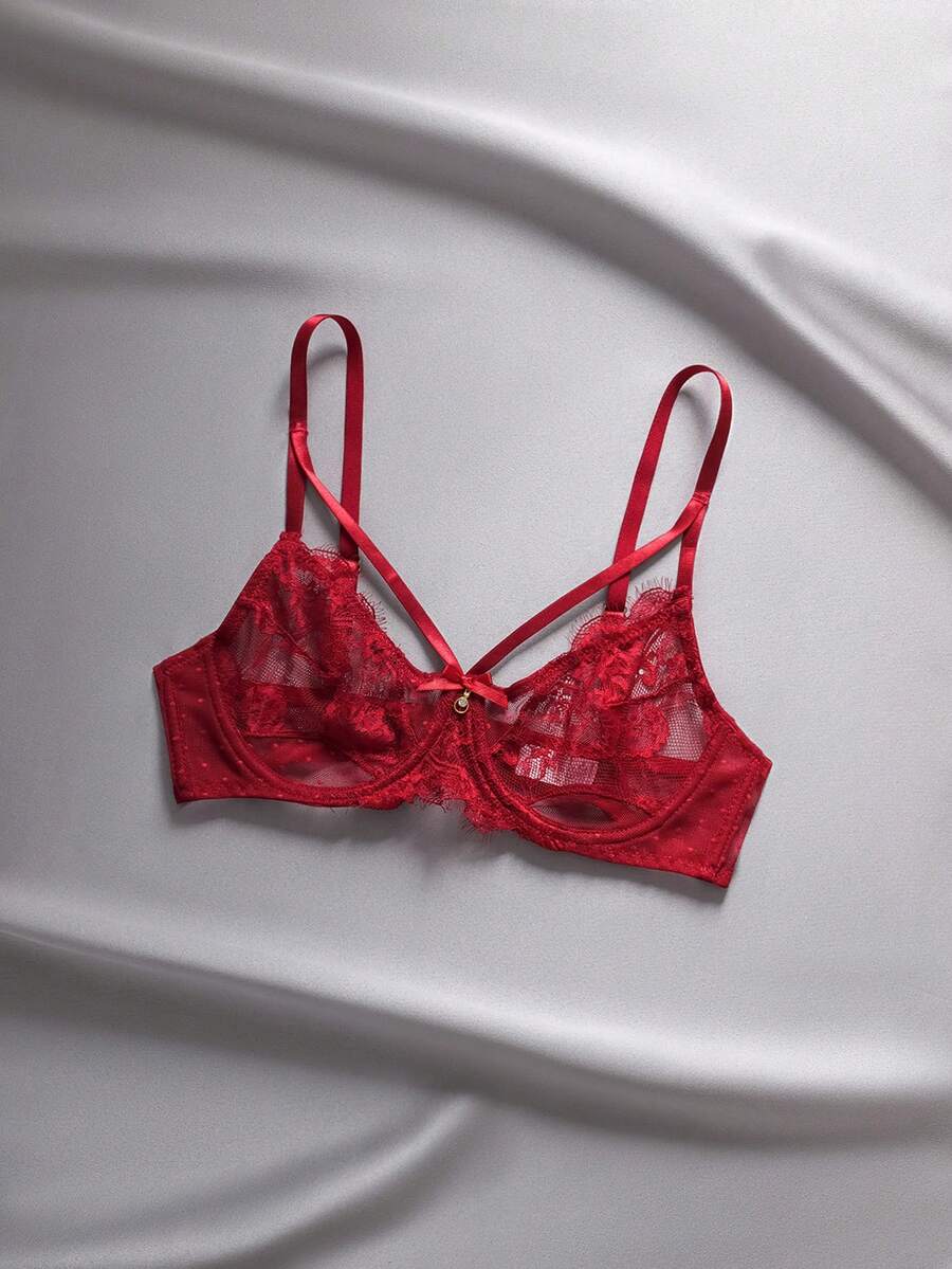 1pc Wine Red Women's Lace Bra With Underwire And V-Shaped Straps - Burgundy - View 1