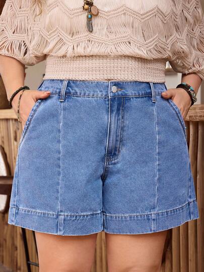 EMERY ROSE Quần short denim dáng rộng màu xanh nhạt, chất liệu denim mài, dành cho nữ cỡ lớn, thích hợp mặc hàng ngày, có túi bên hông, kiểu dáng thường ngày, phù hợp cho mùa hè.