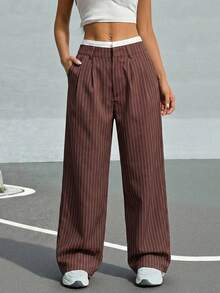SHEIN EZwear 女士撞色腰带褶裥条纹阔腿西装裤，咖啡棕色 - 咖啡棕 - 查看 6