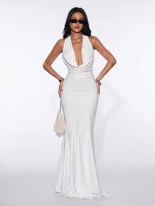 SHEIN ICON 女士不对称下摆开衩露背连衣裙 - 白色 - 查看 3