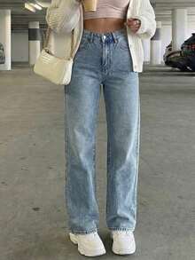 SHEIN Tall Women's Casual Washed High Waist Straight Leg Jeans - Light Wash - View 1