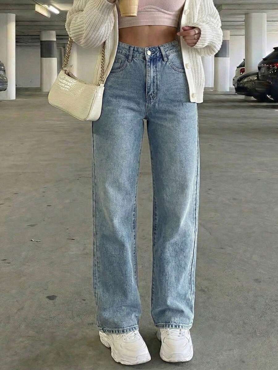 SHEIN Tall Women's Casual Washed High Waist Straight Leg Jeans - Light Wash - View 1
