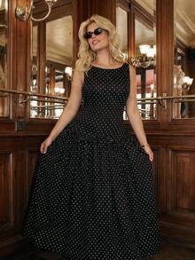 Dripcurv 女士加大码情人节黑色波点优雅浪漫连衣裙，黑色连衣裙，情人节派对礼服，系带连衣裙，优雅派对礼服，女士优雅连衣裙 - 黑色 - 查看 6