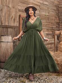 Ceyna Plus Size Women New Military Green Shoulder Sleeve A-Line Patchwork Waist Midi Dress Women's Summer Dresses Shirred Around Dresses For Ladies Woman Dress Women's Plus Size Dresses Women Holiday Dress Luxury Dresses For Women Vacation Outfits Women Dress Bohemian Outfit For Women Dress Boho Plus Size Women's Summer Outfits Chic Dresses For Women Plus Size Women's Dress Casual Dresses For Woman Drawstring Waist Dress Women's Summer Dresses Shirred Dress Women's Plus Size Dresses - Green - View 7