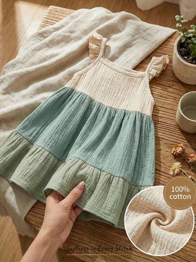 Cozy Pixies Baby Girl Ruffle Trim Contrast Color Spaghetti Strap Dress For Summer