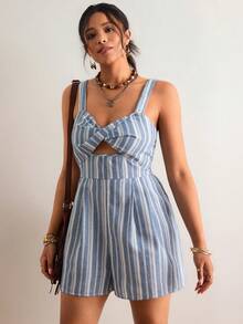 SHEIN VCAY 大码女式条纹扭结镂空时尚连体裤 - 藍色 - 查看 6