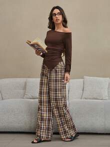 HautHeat Women's Solid Color Minimalist Daily Long Sleeve Top & Plaid Pants Pajama Set - Coffee Brown - View 6
