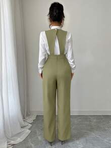 Elenzga 女士新款休闲纽扣设计阔腿连体裤 - 橄欖綠 - 查看 2