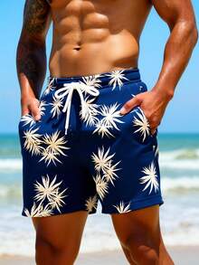 Manfinity Swimmode 男士夏季度假印花抽绳腰带沙滩短裤 - 藏蓝色 - 查看 3