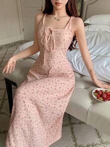 DAZY Vestido Floral Miúdo Sem Mangas com Cintura Marcada, Vestido Casual de Verão Feminino Pijama - Rosa Bebê - Visão 4