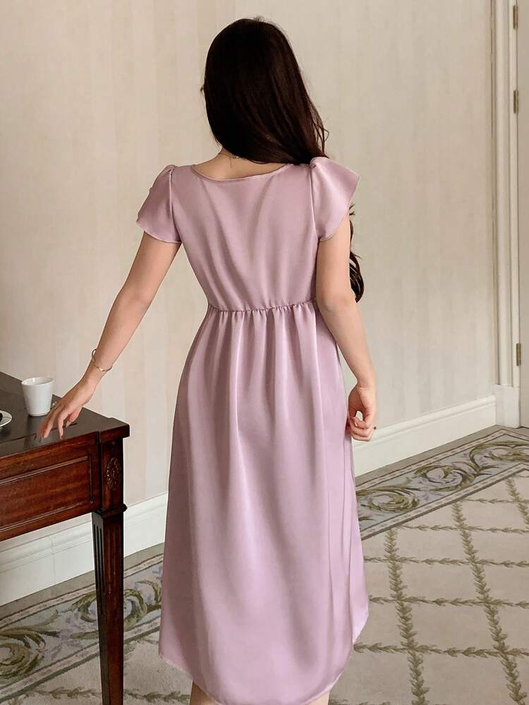 Lace Patchwork V-Neck Waist Cinched Short Sleeve Pink Summer Women Nightgown