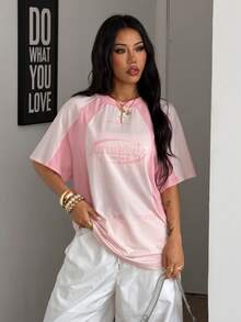 Coolane Women's Streetwear Oversized Racing Motorcycle Print Color Block Raglan Sleeve T-Shirt Spring Pink Top Women Tshirt Summer Tee Graphic - Baby Pink - View 6