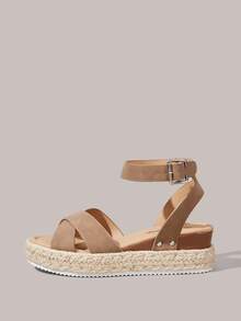 Styleloop New Cross-Strap Sandals Women's Thick-Soled Wedges Summer Open-Toed Hemp Rope Straw Waterproof Table Roman Shoes, Outside Wear, Beach, Vacation, Women's Khaki - Khaki - View 2