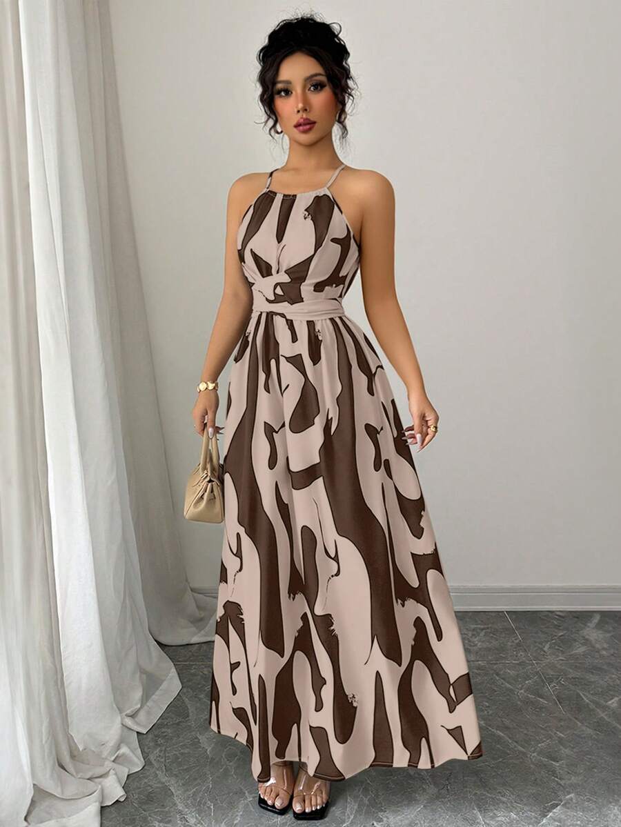 Elenzga Vestido de línea A asimétrico con estampado, cuello halter, hombros abiertos y cintura retorcida, elegante para mujer, color negro y blanco, primavera/verano - Marrón - Ver 1