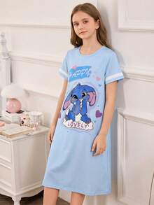 SHEIN Girls' Casual Long Dress, Round Neck Short Sleeve, Blue Rabbit Print & White Stripe, Knitted Fabric, Comfortable Sleepwear - Blue - View 3