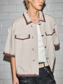 ROMWE MEN Grunge Punk Men's Spray-Dyed Brown Casual Denim Shirt With Metal Buttons - Brown - View 4