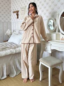 DAZY Bộ đồ ngủ dài tay và quần dài in họa tiết tối giản dành cho bé gái tuổi teen - Màu Khaki - Xem 4