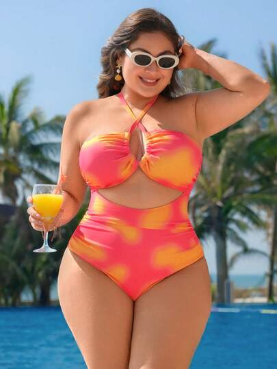 Slaydiva Nuevo traje de baño de una pieza con estampado de teñido anudado y escote halter para mujer de talla grande