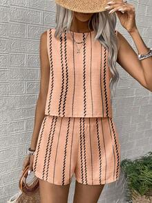 SHEIN LUNE Set de 2 piese pentru femei, casual, cu dungi, fără mâneci și pantaloni scurți, de vară - Roz - Vizualizare 5