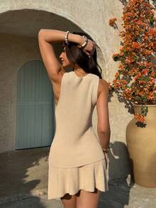 Selianne Apricot Beaded Sleeveless Crossover Pullover Top And Knit Mini Skirt 2 Pieces Set, Casual, Vacation, Commute, Spring/Summer - Apricot - View 2