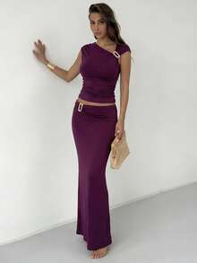 Aloruh 女士性感修身休闲针织连衣裙套装 - 紫色 - 查看 6