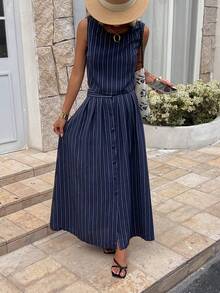 DAZY Women's Fashion Striped Tank Top & Skirt 2 Pieces Set - Navy Blue - View 3