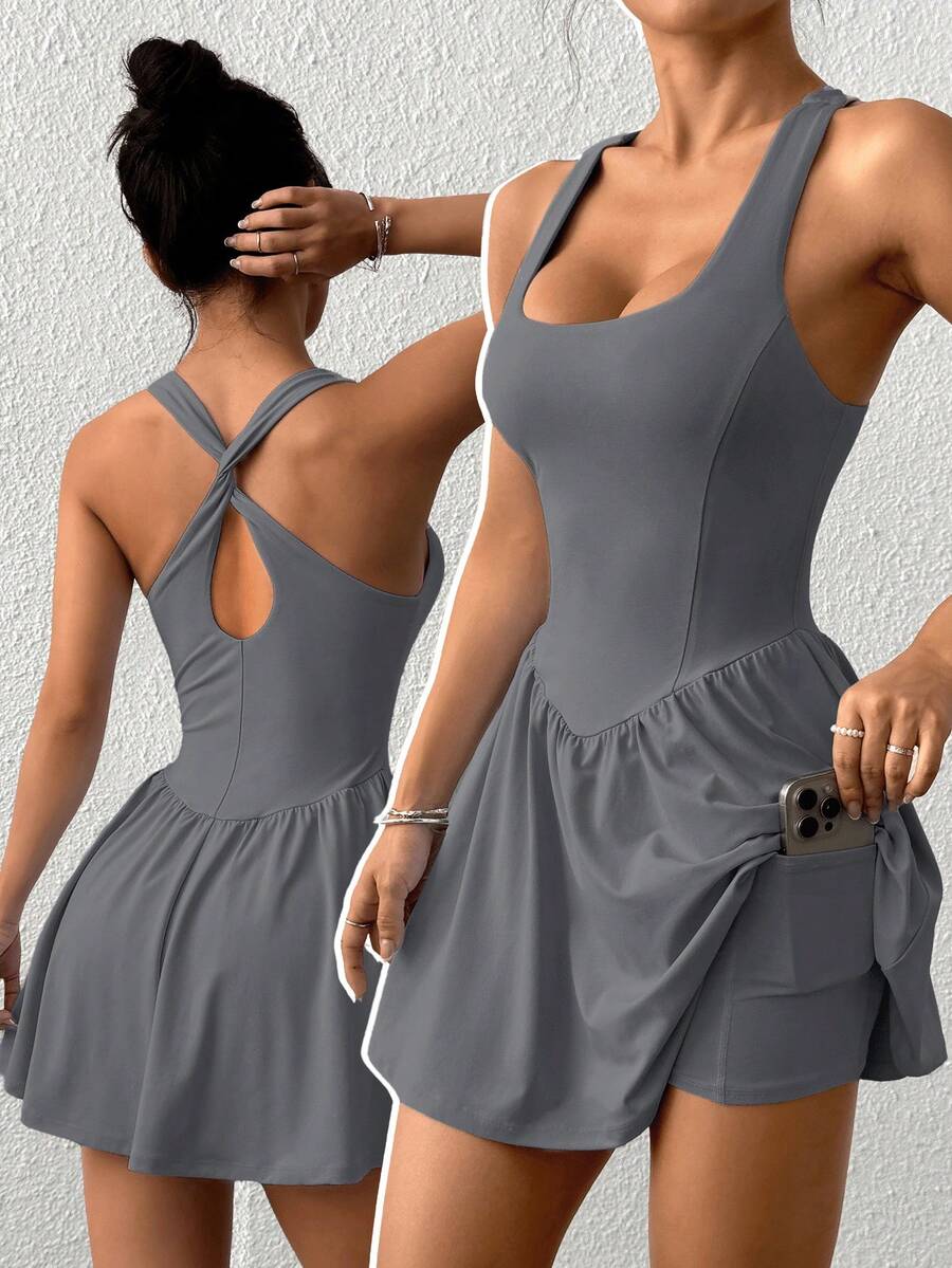 SHEIN EZwear 女士夏季纯色方领扭结交叉露背收腰运动迷你连衣裙配短裤 - 灰色 - 查看 1