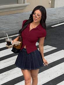 SHEIN EZwear 女士酒红色褶皱修身短袖T恤，新款春夏酒红色女式上衣，优雅深红色褶皱上衣，优雅女式上衣 - 酒紅色 - 查看 6