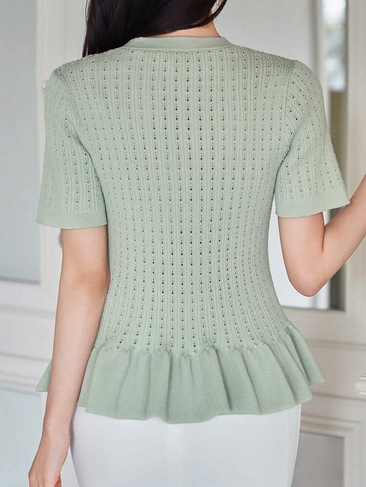 Women's Elegant Solid Color Ruffle Trim Faux Pocket Thin Cardigan, Summer