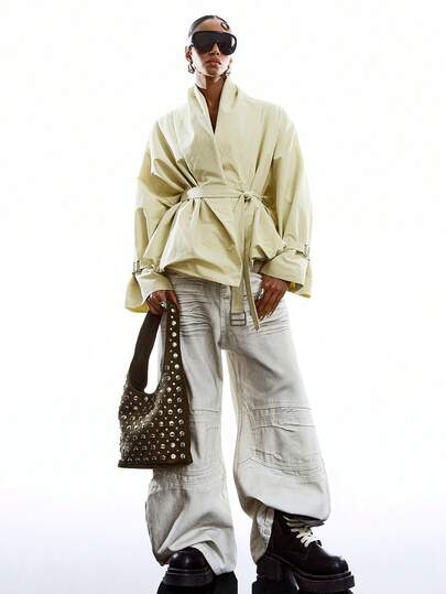 LYSMO Abrigo trench de manga larga de unicolor y estilo minimalista para uso diario de mujer