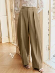 春秋新款嘉年华设计宽松高腰垂褶锥形裤腿卡其色长裤 - 卡其色 - 查看 4