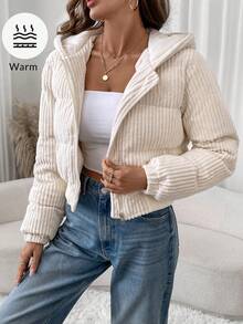 Easowa Áo khoác ngắn nữ kiểu dáng thường ngày, chất liệu nhung kẻ, có lớp lót, thích hợp cho mùa đông. - Màu be - Xem 6