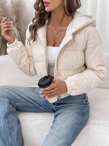 Easowa Áo khoác ngắn nữ kiểu dáng thường ngày, chất liệu nhung kẻ, có lớp lót, thích hợp cho mùa đông. - Màu be - Xem 7