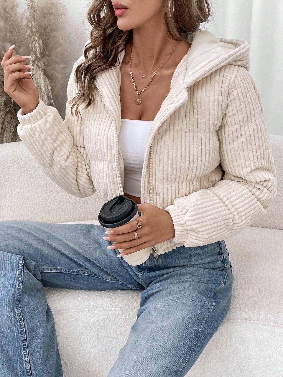 Women's Short Casual Street Fashion Corduroy Padded Coat, Winter