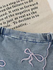 SHEIN Elladie kids 新款V领T恤和牛仔短裙套装，适合4-7岁女孩，春夏款，刺绣时尚套装，适合休闲、度假、上学、旅行、户外活动等场合。 - 彩色 - 查看 5