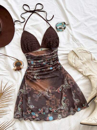 Soleia Women's Vacation Casual Sexy Retro Paisley Print Patchwork Pleated Hollow Out Halter Mini Dress, Suitable For Beach, Cruise, Road Trip, Holiday Date, Afternoon Tea, Vacation, Music Festival, Bohemian, Beach, Summer, Retro Vacation, Music Festival, Commuting Sexy Vacation Dress Beach Vacation Dress Boho Swimsuit Brown Sundress Brown Summer Dress Retro Dress