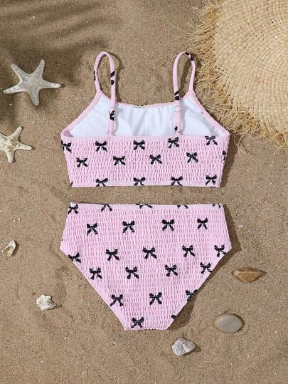SHEIN Teen Girls Bikini Sets Knitted Fabric Swimwear Sets With Adorable Foundation Make-Up, Black Bow Patterns, Adjustable Straps, Split Triangle Bottoms, Suitable For Swimming, Summer Vacations, Beaches, Pools, Summer Break Parties, And Casual Getaways Teen Girl Swimwear 2 Pieces Summer Two Pieces Set Teens Swim Suit Girls Swim Two Piece Teen Girl Swimsuit 2 Piece Summer Two Piece Set Teens Swim Suit Vacation Girls Bikini Pink Bow Bikini Teen Two Piece Swimsuit Girls Two Piece Swimsuit Two Piece Bikini Vacation Girls 2 Piece