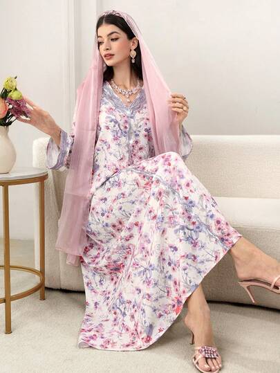 Al Najma 浪漫印花优雅长款宽松休闲阿拉伯风格女式连衣裙