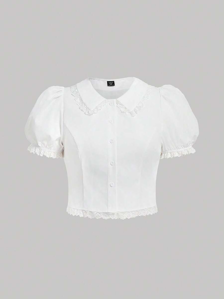 SHEIN MOD Plus Size Kawaii White Lace Blouse Puff Sleeve Peter Pan Collar Shirt Cute Preppy Style Spring Summer Top - White - View 1