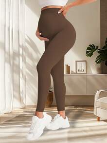 SHEIN Solid Color High Waist Seamless Yoga Maternity Leggings - Brown - View 3
